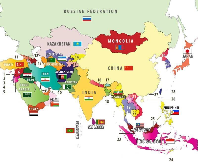 Bản đồ quốc gia và quốc kỳ Châu Á
