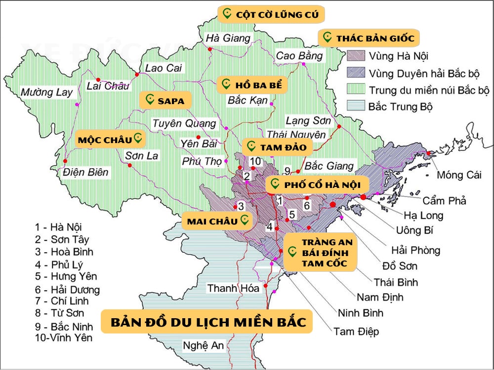 Bản đồ khái quát về du lịch miền Bắc, bao gồm cả bản đồ Đông Bắc và bản đồ vùng Tây Bắc Việt Nam ghi các địa điểm tham quan nổi tiếng nhất