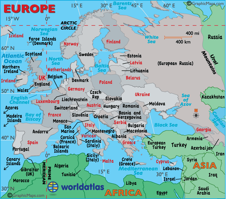 Bản đồ địa lý tự nhiên Châu Âu