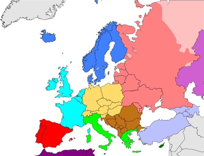 Bản đồ thể hiện diện tích từng khu vực Châu Âu