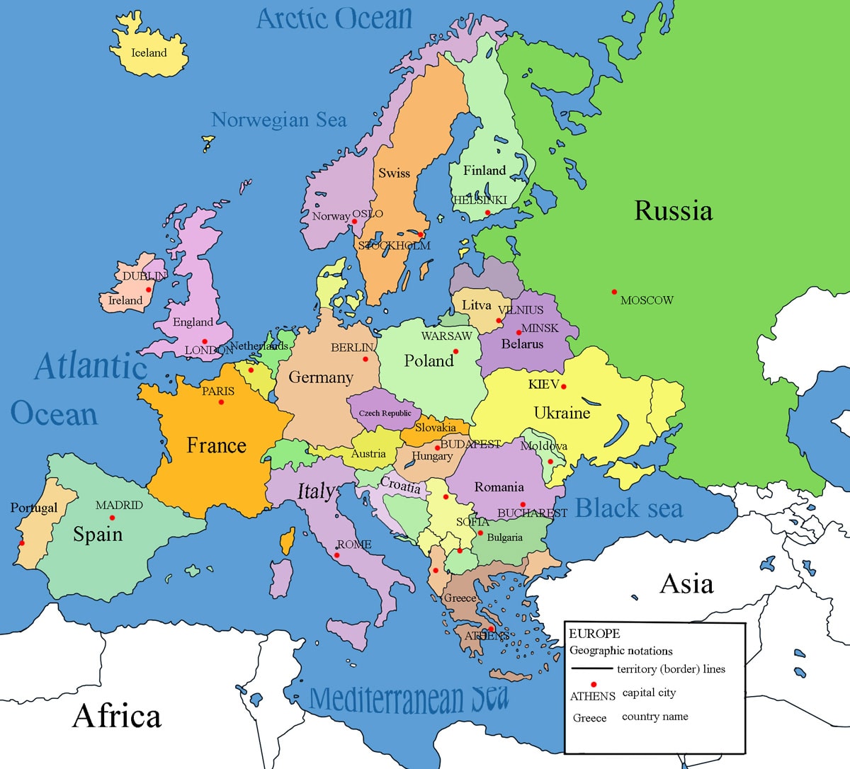 Bản đồ các nước và thủ đô của Châu Âu