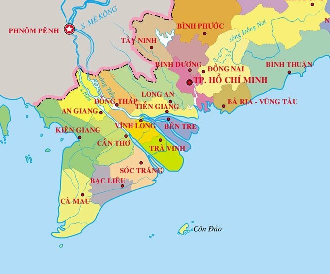 Bản đồ các tỉnh, thành phố của miền Nam